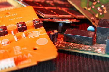 various chips, digital boards. Components of technical devices in creative lighting. Processor, RAM...