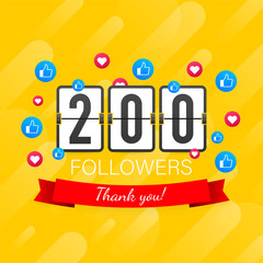 200 followers, Thank You, social sites post. Thank you followers congratulation card. Vector stock illustration - obrazy, fototapety, plakaty