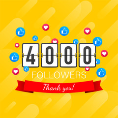 4000 followers, Thank You, social sites post. Thank you followers congratulation card. Vector stock illustration - obrazy, fototapety, plakaty