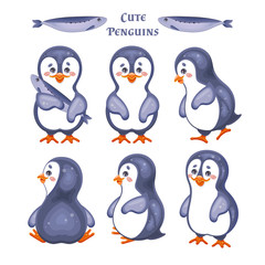 Cute Penguins Set. Vector Illustration.