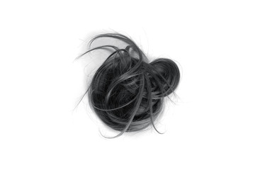 Disheveled black hair in shape of circle, isolated on white background