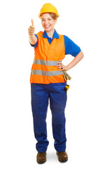Woman as a road builder keeps thumbs up