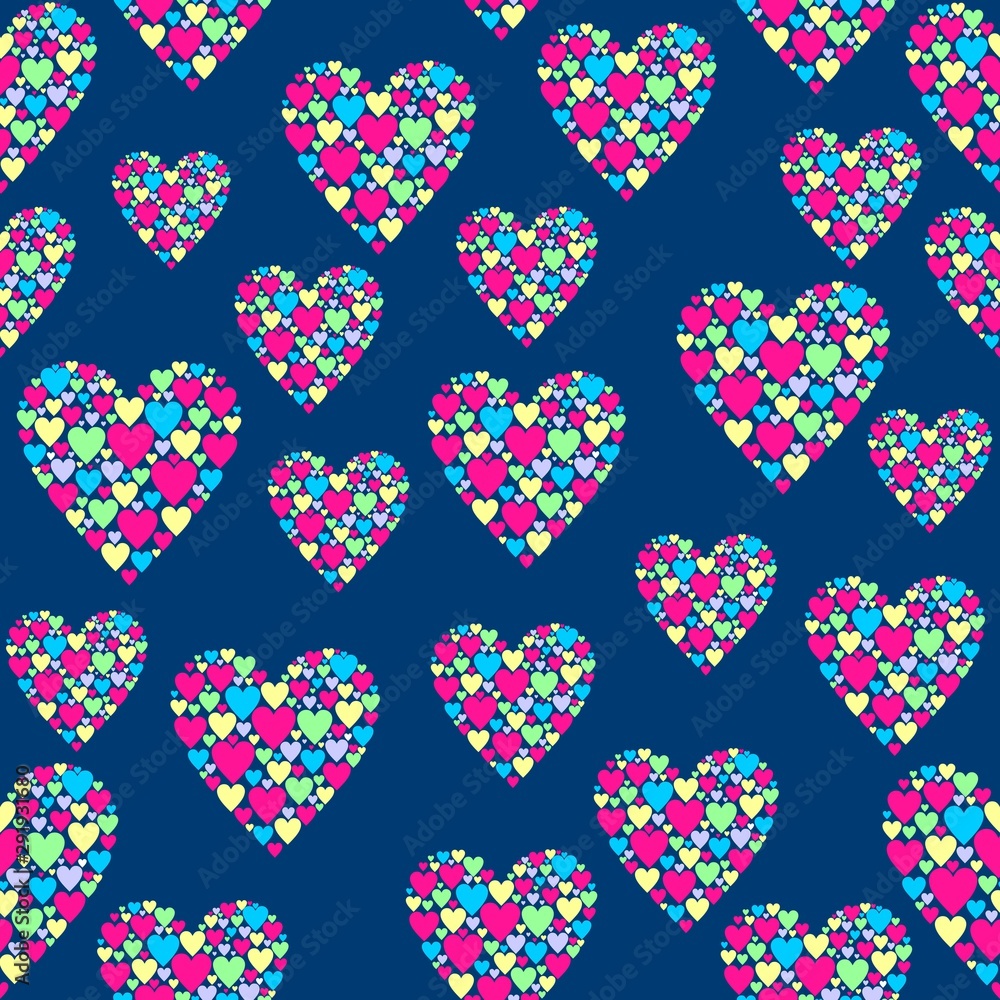 Aufkleber seamless blue background with hearts of different sizes and colors. vector pattern of full color.