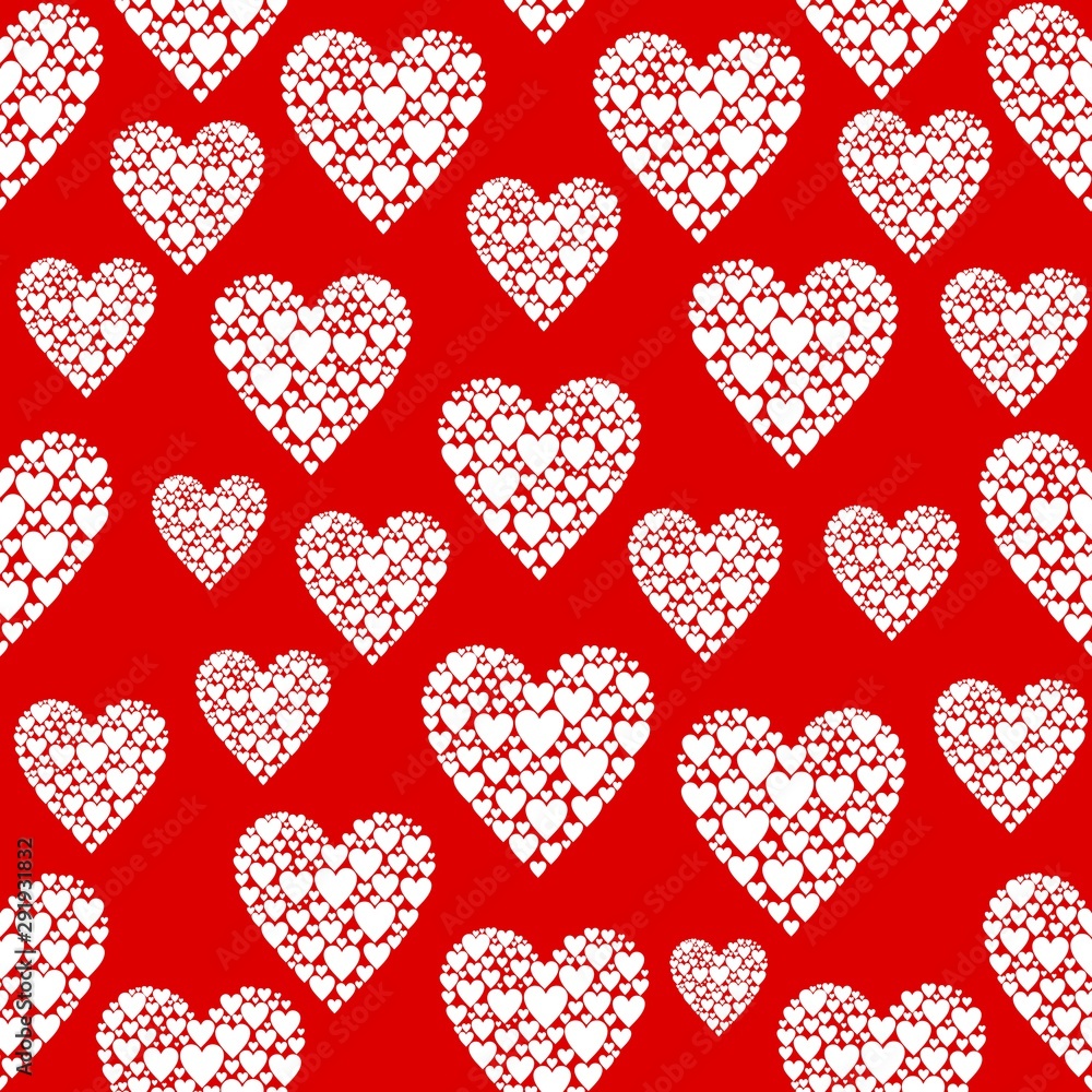 Aufkleber seamless red background with white hearts of different sizes. vector pattern of full color.