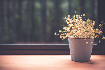 dry grass flower in rustic pot on wooden table ,vintage warm tone.   