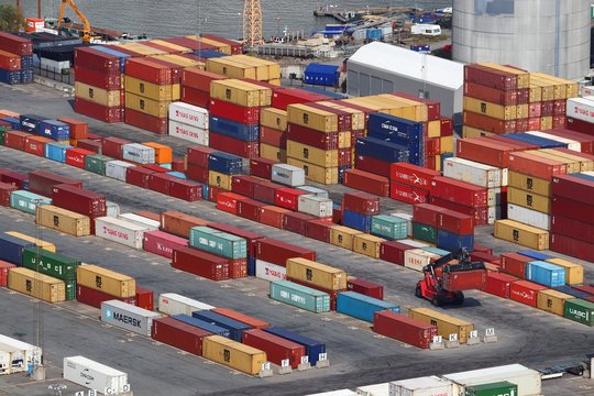 STOCKHOLM, SWEDEN - AUGUST 24, 2018: Containers in Stockholm Port. In 2011 Stockholm Port handled 6,496,000 metric tons of goods and 27,843 containers.