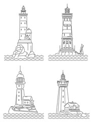 Set of simple line illustrations of lighthouse on island.