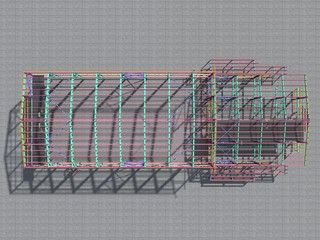 BIM building model of columns, beams, ties, girders. The metal structures are welded and bolted together. 3D rendering. The drawing of the building structure is made by an engineer.