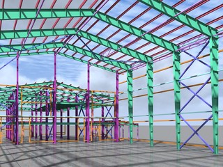 BIM building model of columns, beams, ties, girders. The metal structures are welded and bolted together. 3D rendering. The drawing of the building structure is made by an engineer.