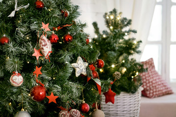 Christmas tree with white and red balls and stars