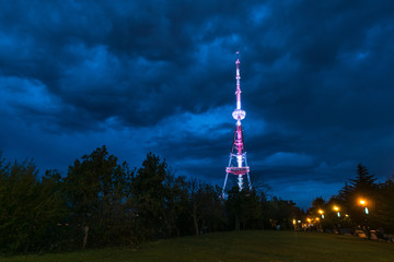 Mtatsminda TV tower with evening lighting