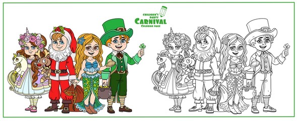 Children in carnival costumes of the unicorn, leprechaun, Santa Claus, mermaid color and outlined for coloring page