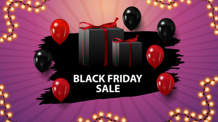 Black friday sale, pink horizontal discount coupon with gifts and balloons