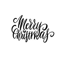 Merry Christmas balack hand lettering isolated on white. Vector image.