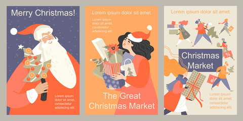 Set of vector Christmas market flyers. Illustrations of funny cartoon people and Santa Claus.