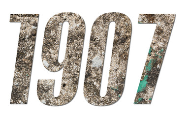 Year 1907 with old concrete wall on white background