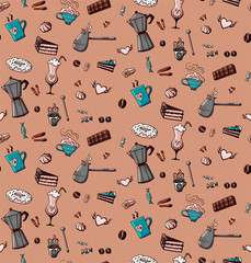 Seamless pattern with coffe. background of cups with hot beverage in doodle style. 