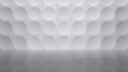 White Concave Hemisphere Metal Tiled Wall and Black Polished Porcelain Floor (3D Illustration)