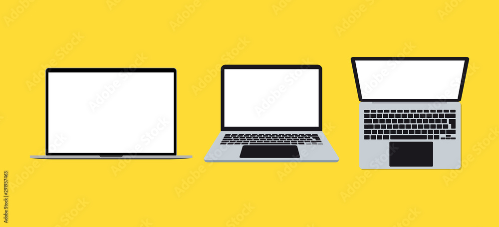 Poster a laptop screen display. laptop in different positions. open, profile and top view. modern computer 