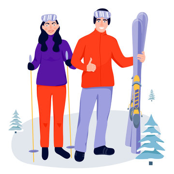 Winter vacations activity concept. Happy couple with skis. Skiers standing and holding equipment for ski. Vector illustration on white background.