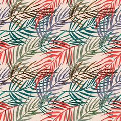 Green, red, purple and golden twigs on a beige background. Seamless pattern.