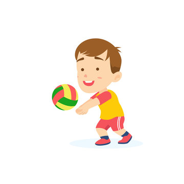 Cute boy passing volleyball, kids sport vector illustration