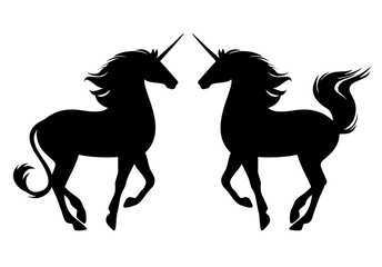 Fototapeta na wymiar prancing unicorn side view silhouette - profile pose mythological horse black and white vector design set