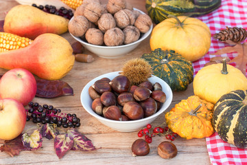 Naklejka na ściany i meble Organic seasonal fruit and vegetable, thanksgiving, harvest on table 