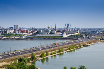 Aerial view panorama to Kazan Kremlin, Kul Sharif (Qolsharif) Mosque and Kazanka and Volga river bank