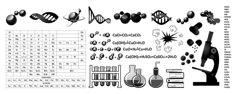 Chemistry. Formulas of chemical elements, molecules, instruments.