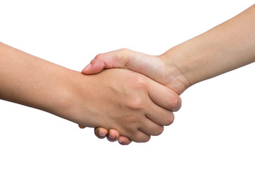Two woman handshake isolated on white background