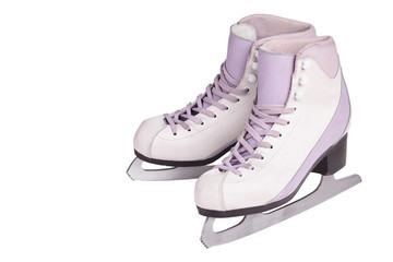 Close-up photo of professional ice skates standing isolated on white.
