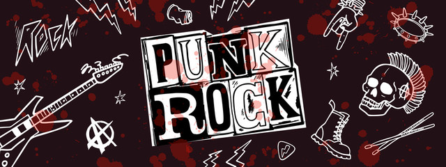 Punk rock set. Punks not dead words and design elements. vector illustration.