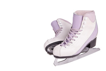 Close-up photo of professional ice skates standing isolated on white.