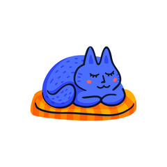 Pet grooming concept. Blue cat sleeping on a pad. Cat care, grooming, hygiene, health. Pet shop, accessories. Flat style vector illustration on white background