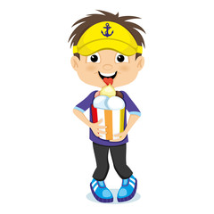 Happy boy eating a delicious ice cream on a white background.