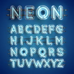 Realistic blue neon character set with plastic case around, vector illustration