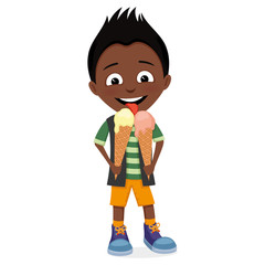 Happy boy eating a delicious ice cream on a white background.