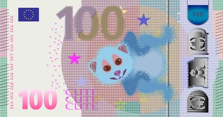 Fictional hundred denomination banknote and cute little fluffy animal