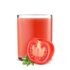 Glass of tomato juice and cut tomatoes isolated on white background