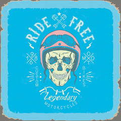 vintage skull biker label in blue and red color