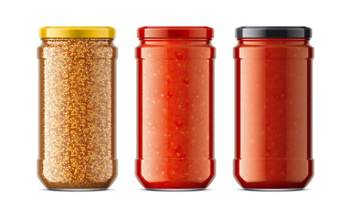 Set of Glass Jar with Sauces, Mustard. 