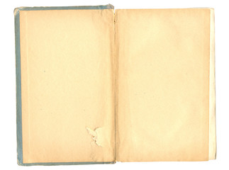 A photo of an old opened book with empty pages, a template for text or pictures.