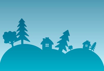 winter background with Christmas trees, snowdrifts and a house. Flat design adapted for web sites and mobile applications. New Year card, gift wrapping. Vector image