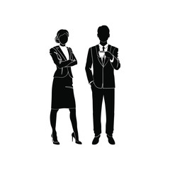 Business woman, manager standing with his arms crossed on his chest vector. Businessman standing with a cup of coffee or tea. Vector illustration black on white background.