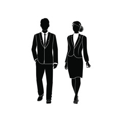 Businessman, manager and business women walk together vector. Vector illustration black on white background. Success and business negotiation concept.