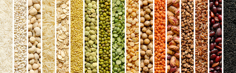 Collage of Cereals and legumes food background - obrazy, fototapety, plakaty