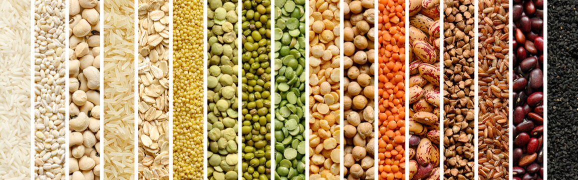 Collage of Cereals and legumes food background
