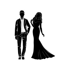 Fashionable girl and guy vector. Fashion. Man and woman silhouette vector. Fashionable young couple. Girl in a long evening dress. Guy in a classic suit and bow tie