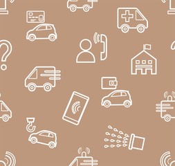 Emergency services, seamless pattern, contour pattern, brown, monochrome, flat, vector. Fine outline drawing. Emergency medical and fire assistance, reference services.  